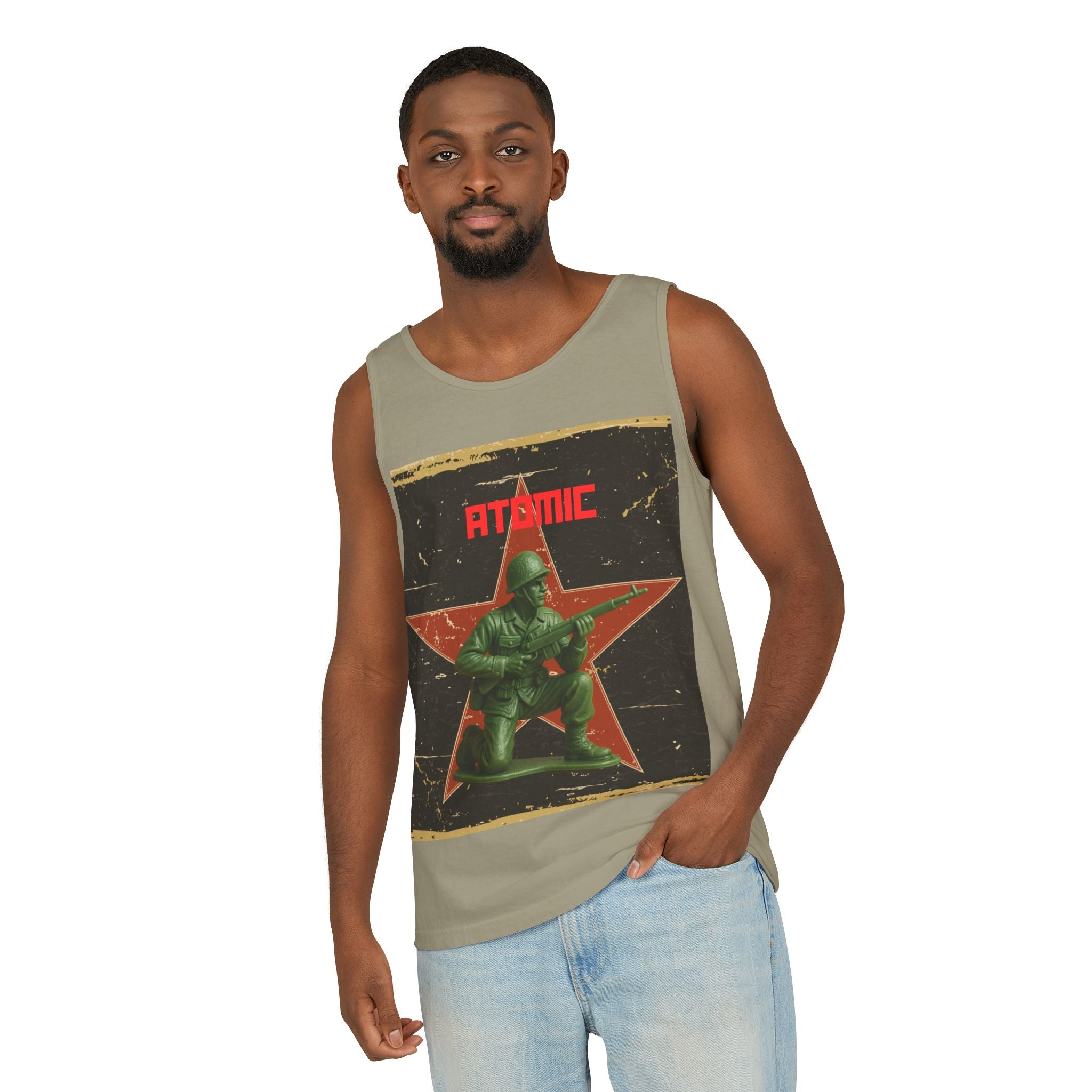 Atomic Soldier Graphic Tank Top, Casual Summer Wear, Military-Themed Apparel, Vintage Style Gift, Unisex Fashion