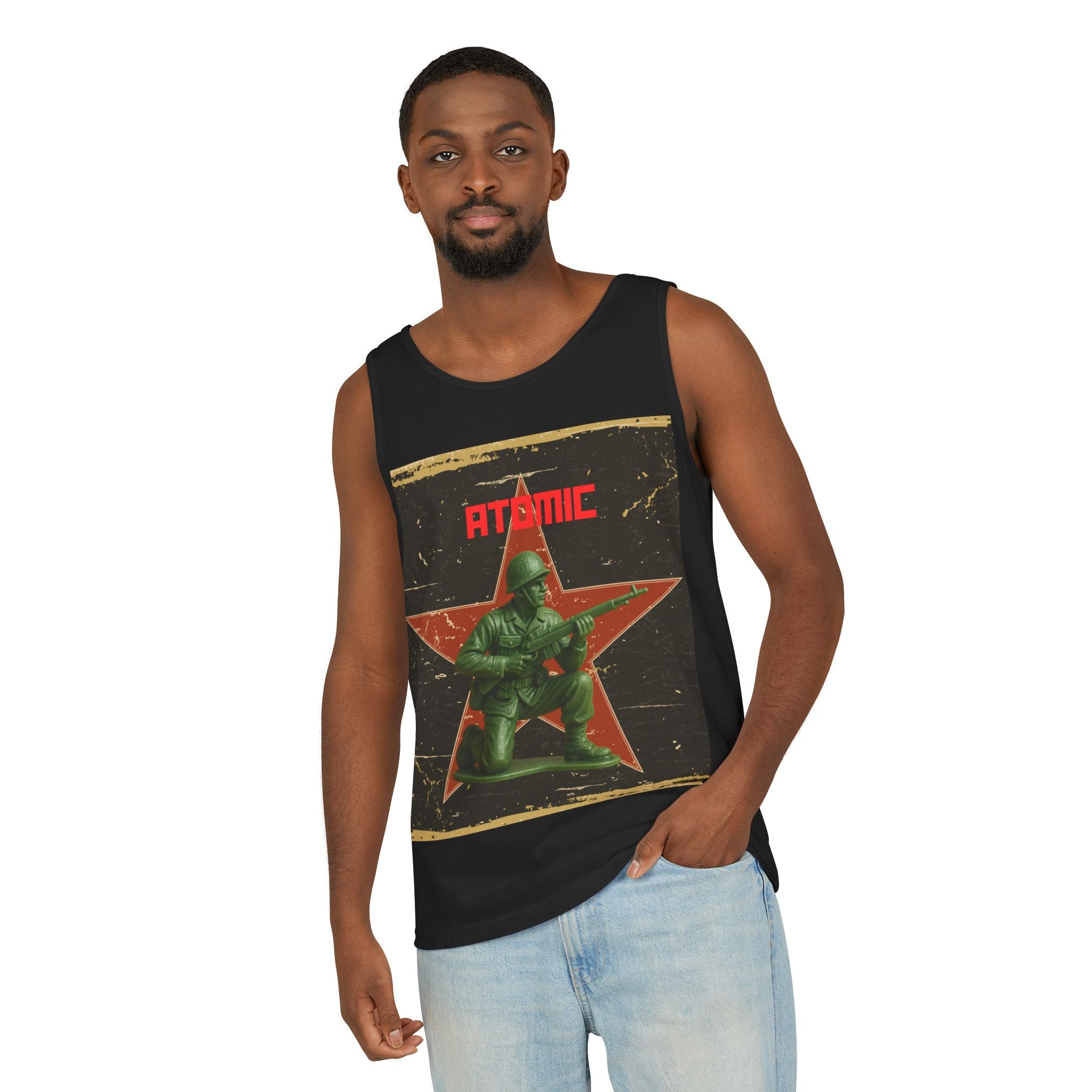 Atomic Soldier Graphic Tank Top, Casual Summer Wear, Military-Themed Apparel, Vintage Style Gift, Unisex Fashion