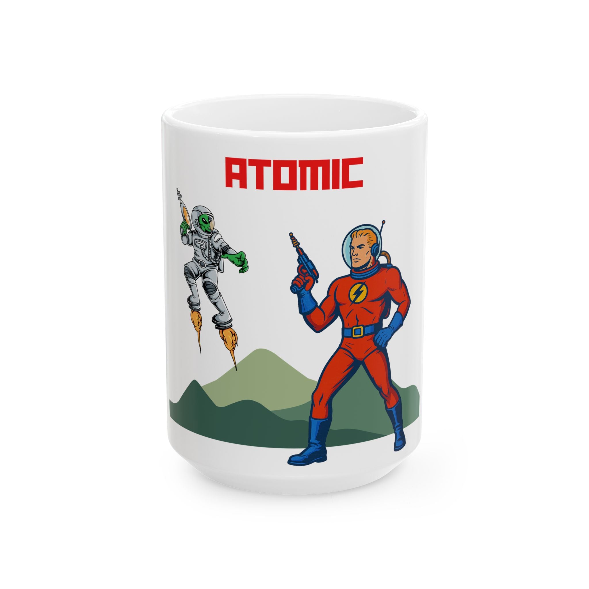 Retro Atomic Characters Ceramic Mug - Fun Gift for Sci-Fi Lovers, Coffee Lovers, Space-Themed Decor, Unique Kitchenware, Collectible Cup