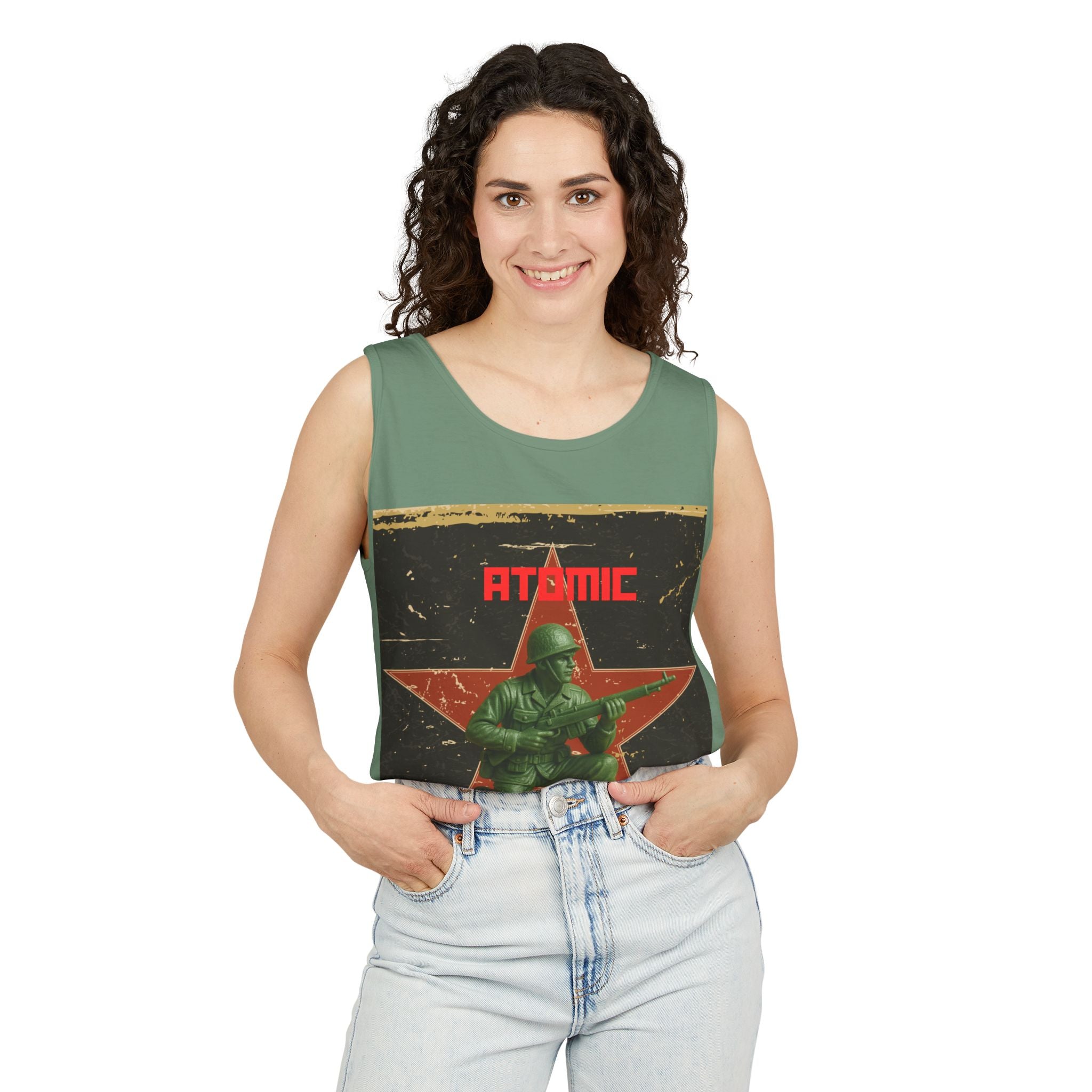 Atomic Soldier Graphic Tank Top, Casual Summer Wear, Military-Themed Apparel, Vintage Style Gift, Unisex Fashion
