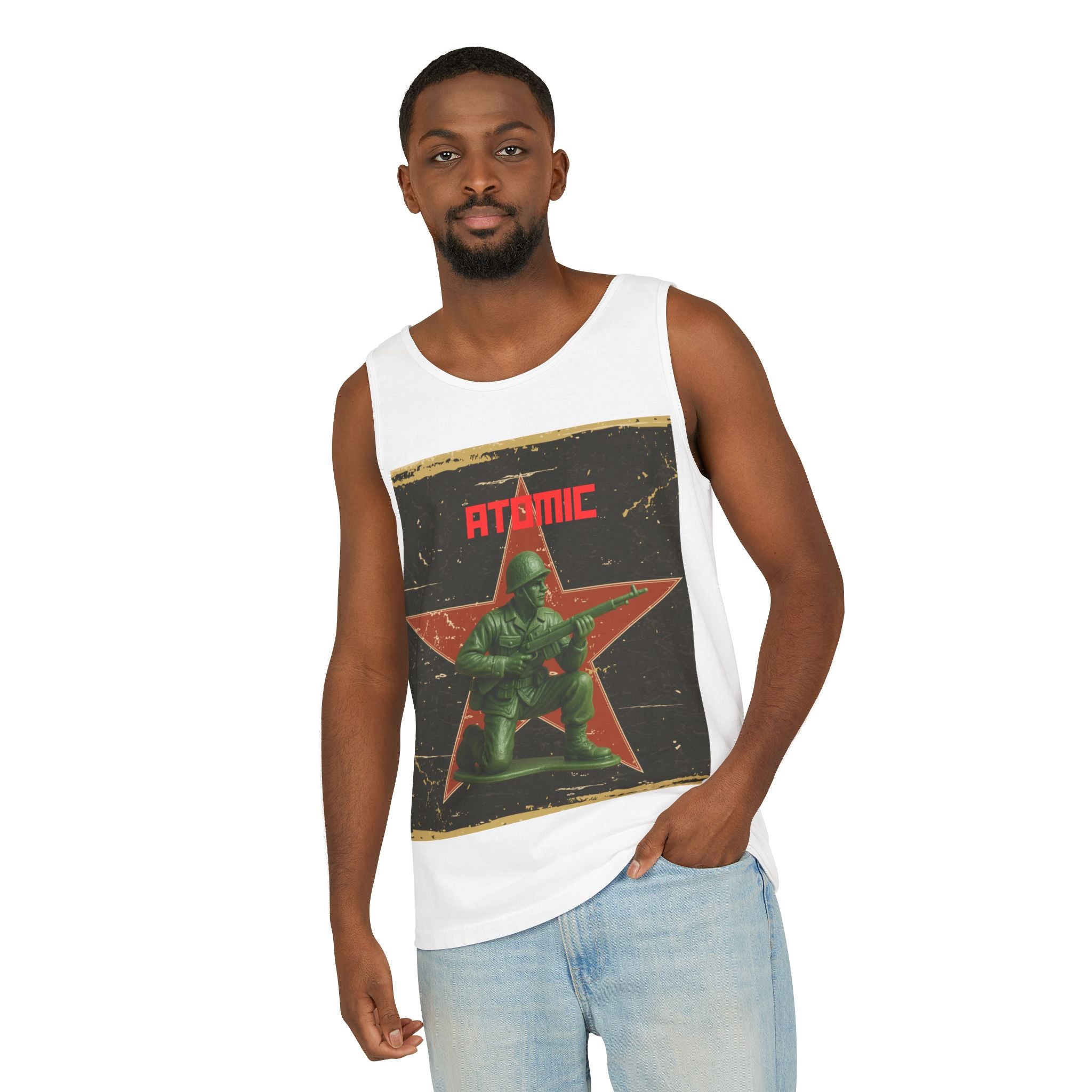 Atomic Soldier Graphic Tank Top, Casual Summer Wear, Military-Themed Apparel, Vintage Style Gift, Unisex Fashion