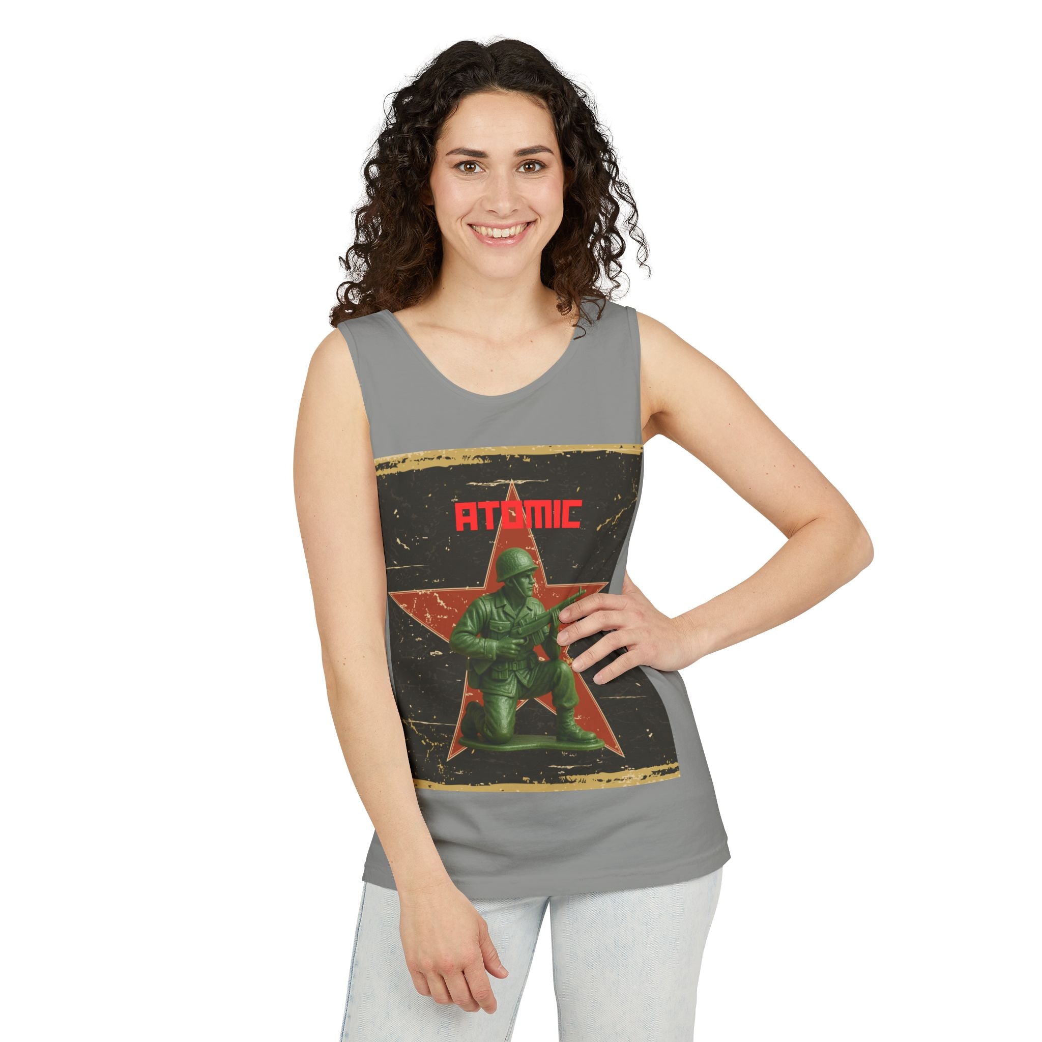 Atomic Soldier Graphic Tank Top, Casual Summer Wear, Military-Themed Apparel, Vintage Style Gift, Unisex Fashion