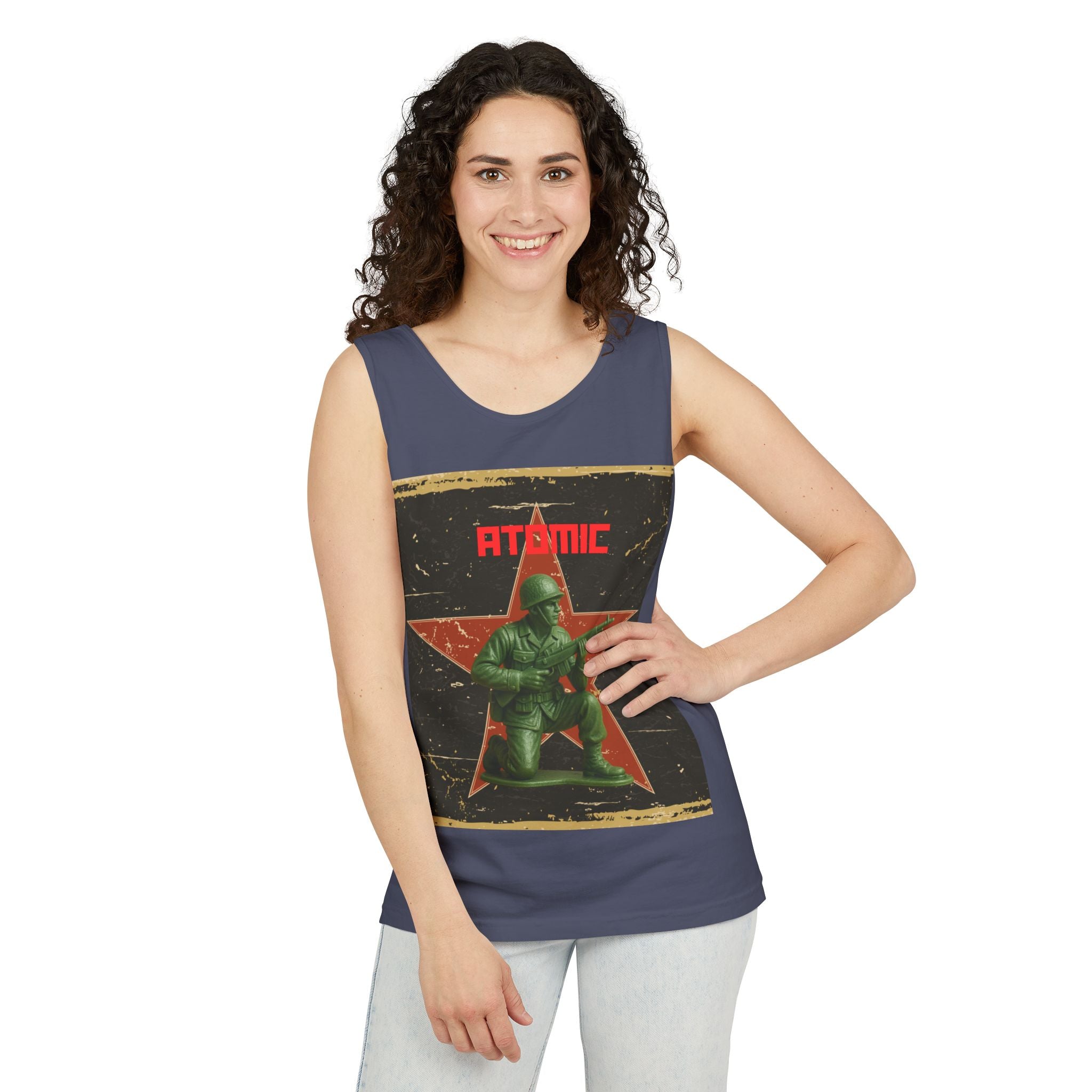 Atomic Soldier Graphic Tank Top, Casual Summer Wear, Military-Themed Apparel, Vintage Style Gift, Unisex Fashion