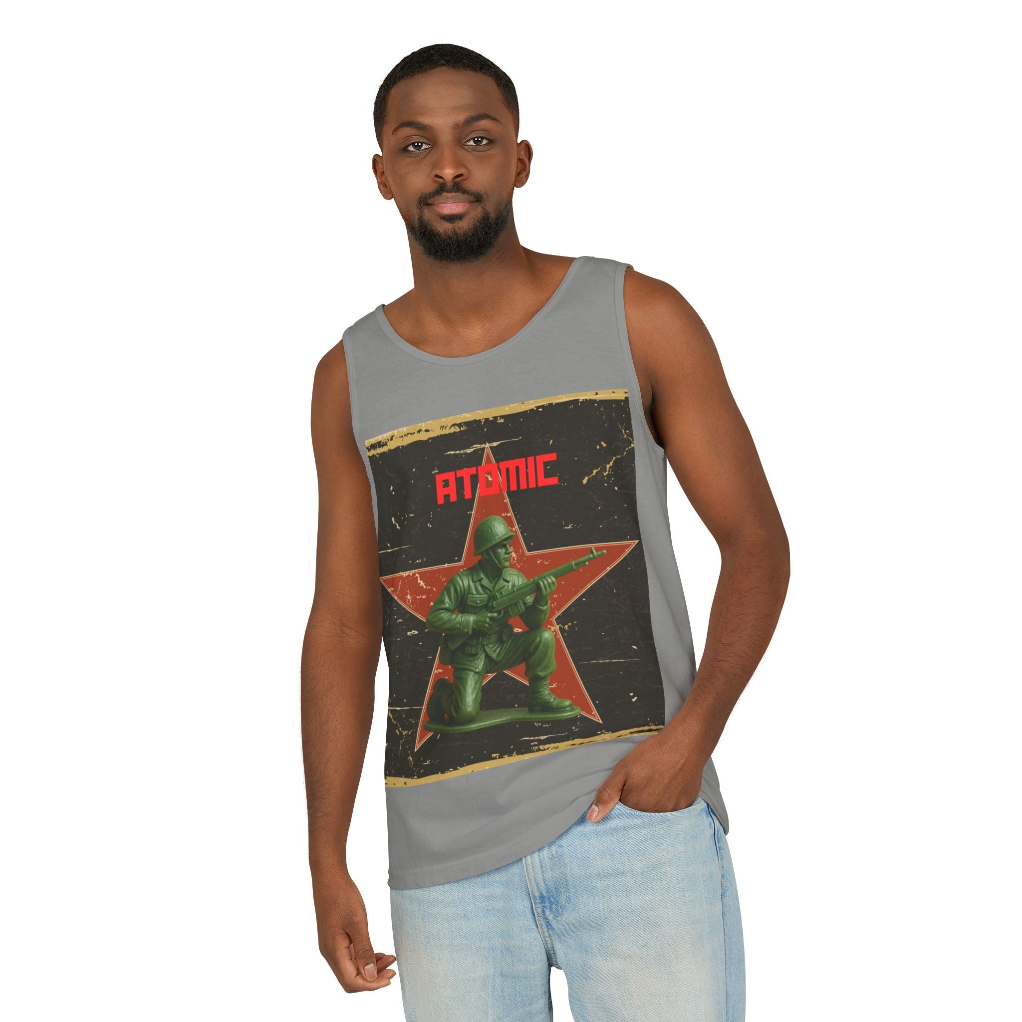 Atomic Soldier Graphic Tank Top, Casual Summer Wear, Military-Themed Apparel, Vintage Style Gift, Unisex Fashion