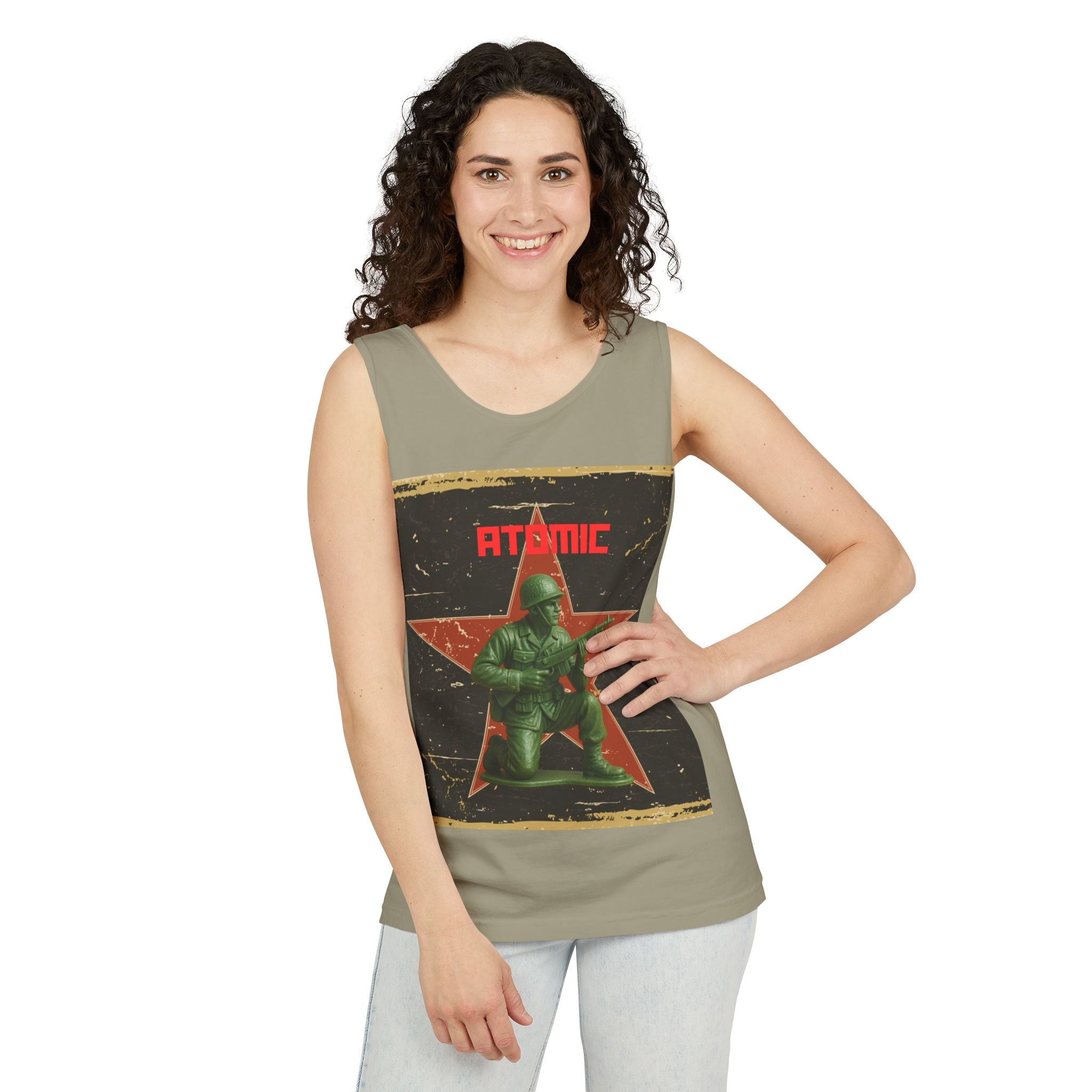 Atomic Soldier Graphic Tank Top, Casual Summer Wear, Military-Themed Apparel, Vintage Style Gift, Unisex Fashion
