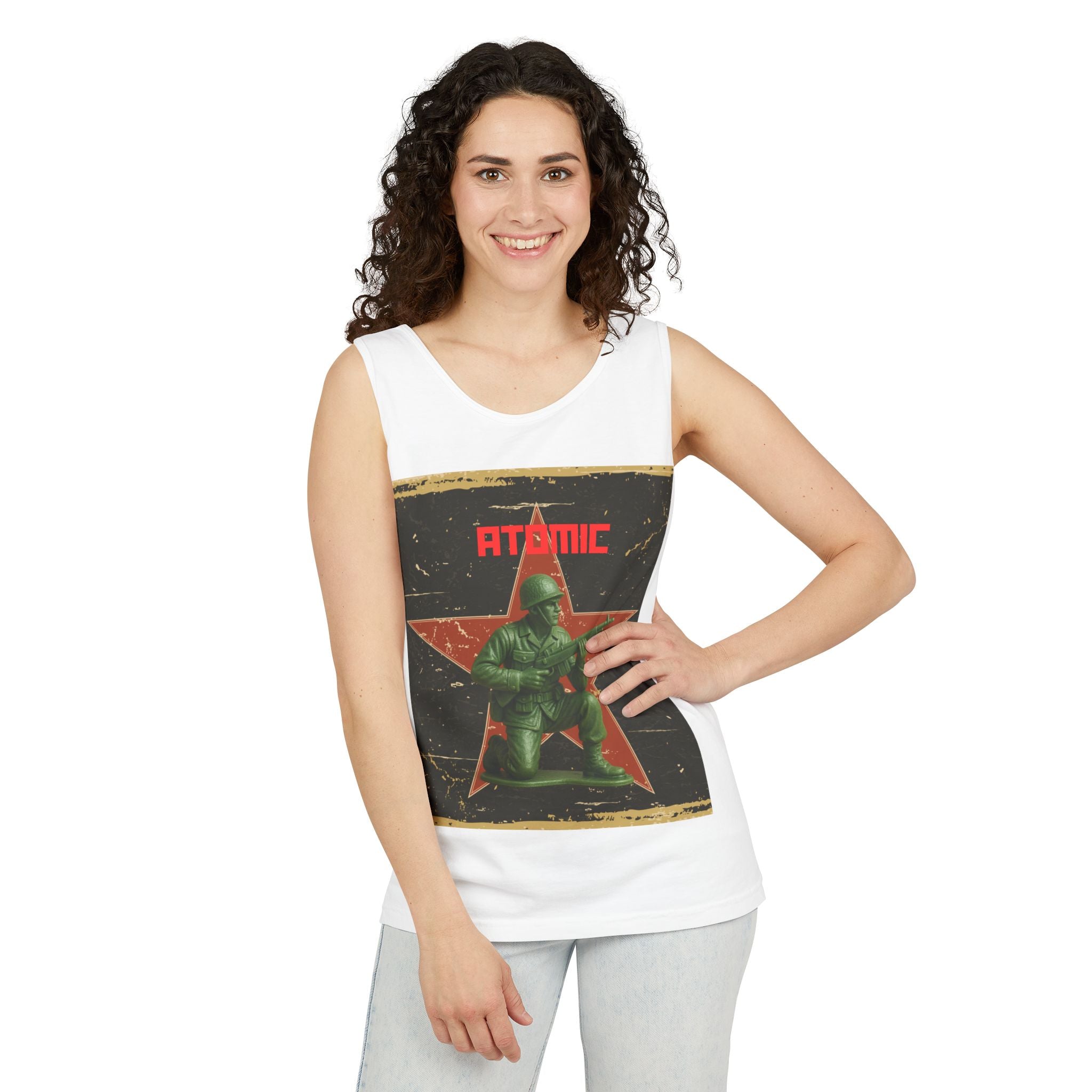 Atomic Soldier Graphic Tank Top, Casual Summer Wear, Military-Themed Apparel, Vintage Style Gift, Unisex Fashion