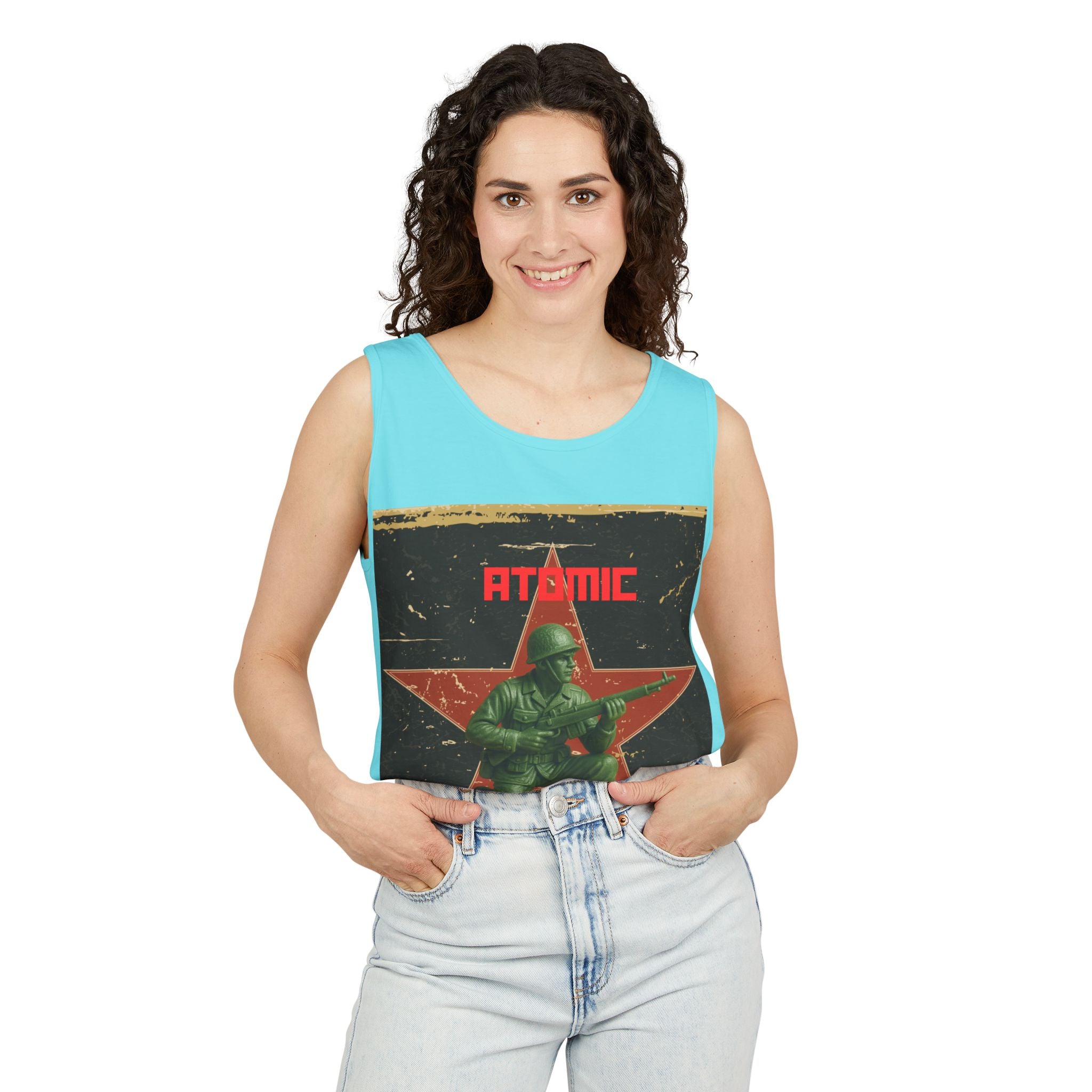 Atomic Soldier Graphic Tank Top, Casual Summer Wear, Military-Themed Apparel, Vintage Style Gift, Unisex Fashion