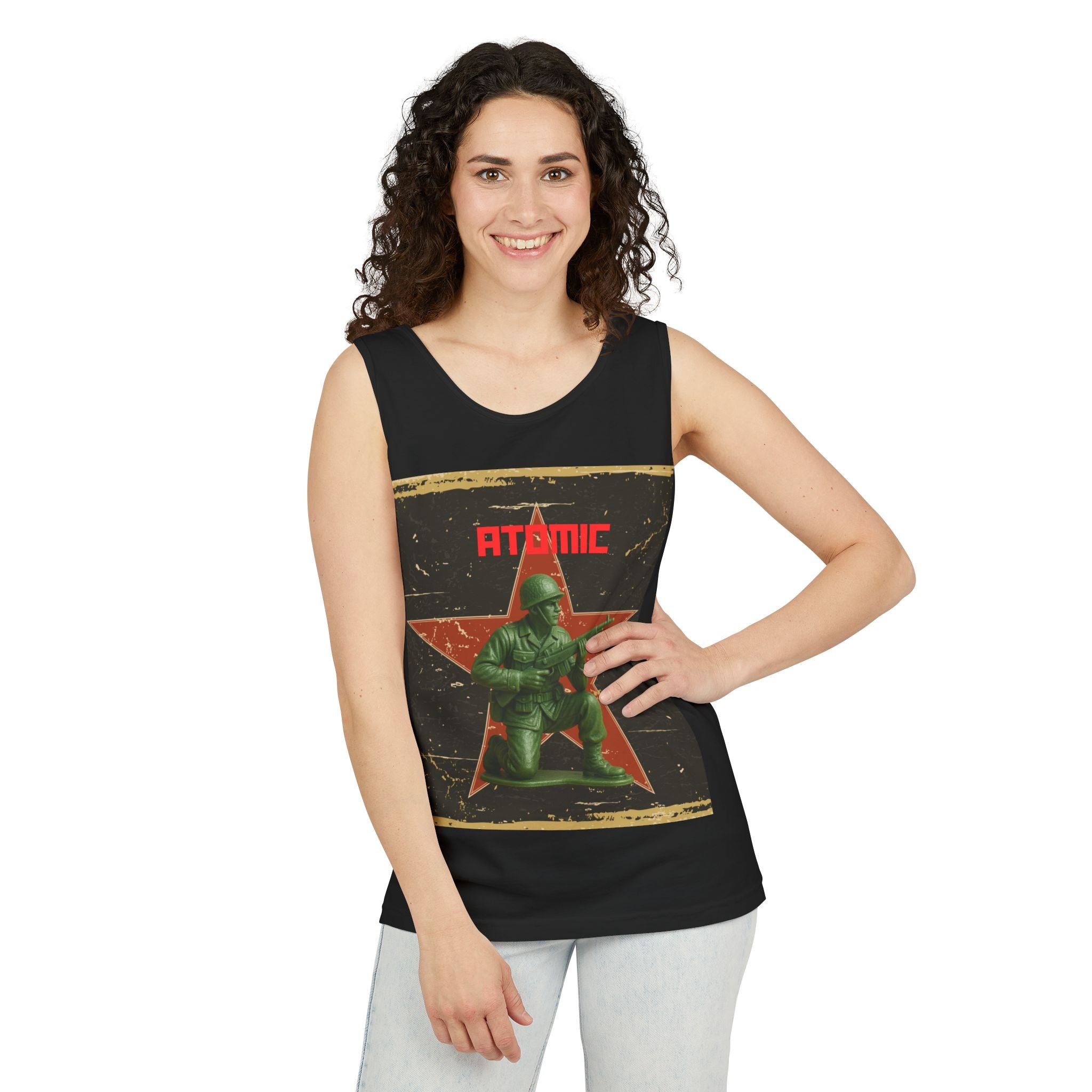 Atomic Soldier Graphic Tank Top, Casual Summer Wear, Military-Themed Apparel, Vintage Style Gift, Unisex Fashion